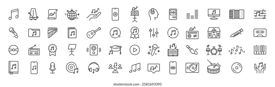 Music icon set. Audio, sound instrument symbols collection. Media tool, note icons. Vector icons