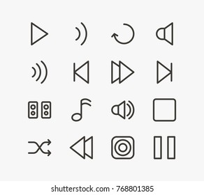 Music icon set with backward, sound and music note. Set of quaver related music icon line vector elements for web mobile logo UI design. Editable music icon set.