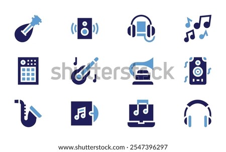 Music icon set. Bold style. Duotone colors. midi, saxophone, spanish guitar, mandolin, speaker, music album.