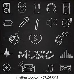 Music icon set.  chalk on blackboard,Cat listening to music. I love music. people Cat listening to music. Vector. art. illustration