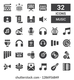 music icon set. Collection of 32 filled music icons included Accordion, Guitar, Music, Invitation, Cymbals, Blaster, Microphone, Compact disc, Cd, Filter, Cassette, Panpipe, Drum