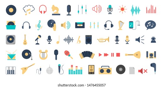 Music icon set. Collection of sound equipment symbol. Microphone and headphone, piano and disc. Isolated vector illustration in flat style