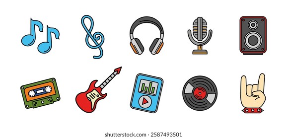 Music icon set colored. Audio and melody vector illustration. Collection of musical elements including notes, microphone, headphones, speaker and guitar. Vintage cassette, vinyl and playlist symbol.