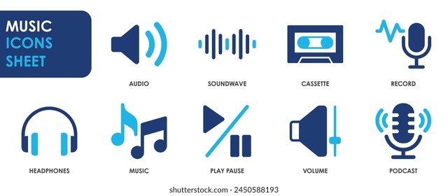 Music icon set. Containing headphones, sound, music, record and so on. Flat audio icons set.