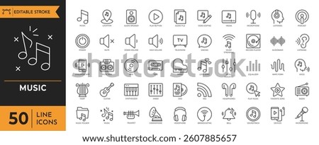 Music icon set. Containing musoc, sound, musical note, vinyl record, radio, piano, speaker, disc, and more icons. Vector illustration.