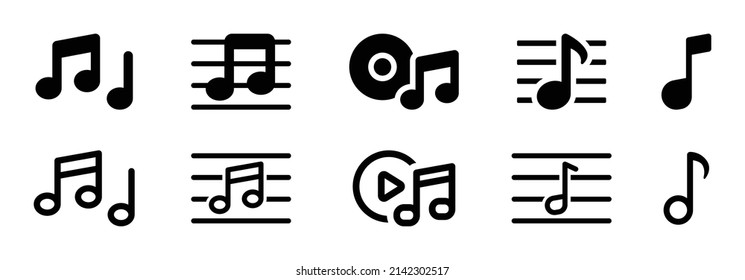 Music icon set. Containing music note, play button, key melody icon in black and white design.