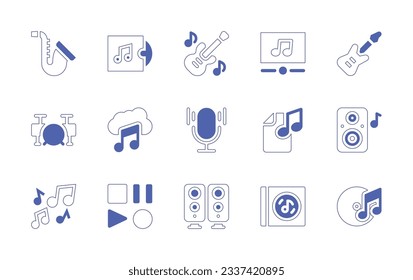 Music icon set. Duotone style line stroke and bold. Vector illustration. Containing saxophone, album, bass guitar, player, music instruments, music, voice search, music file, speaker.