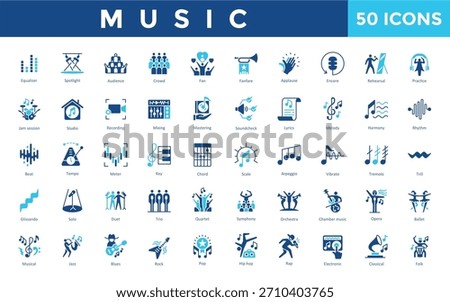 Music icon set with equalizer, spotlight, audience, crowd, fan, fanfare, applause, encore, rehearsal, practice icon. Simple flat vector 
