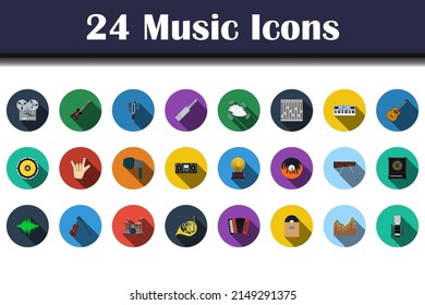 Music Icon Set. Flat Design With Long Shadow. Vector Illustration.