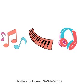 Music Icon Set – Flat Vector of Headphones, Piano Keyboard , Musical Notes in Pink and Blue Colors