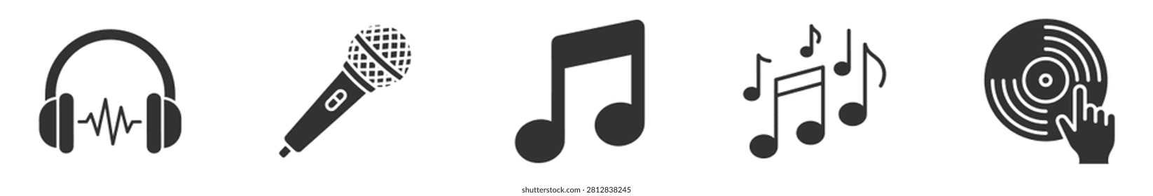 music icon set with headphone microphone notes and vinyl record on transparent background