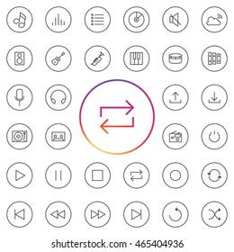 Music Icon Set. Including controls as play, pause, stop, forward, backward, record, sync, loop. Instruments as guitar, piano, drum. Devices as tape, radio, mixer, speaker, and etc.