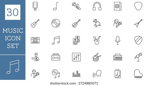 Music icon set with instruments audio devices and sound symbols in thin line style. Simple outline icons for apps websites media players music projects and modern interface design. Vector illustration