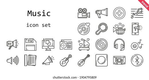 music icon set. line icon style. music related icons such as megaphone, note, compact disc, notes, headphones, video camera, diskette, graphic design, cassette, guitar, radio, ukelele, button
