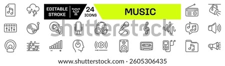 Music icon set. Linear style. Editable Stroke.