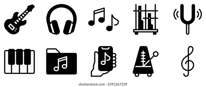 Music Icon Set Melodic Solid Style Collection for Sound and Rhythm.