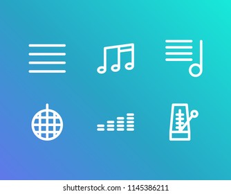 Music icon set and metronome with note lines, clef and disco ball. Melody list related music icon vector for web UI logo design.