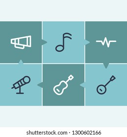 Music icon set and mic with guitar, bullhorn and banjo. Quaver related music icon vector for web UI logo design.