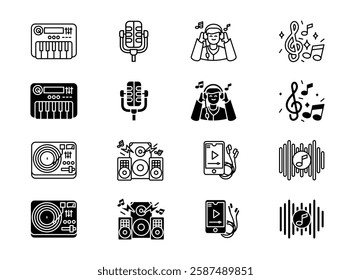 Music icon set. Microphone, headphones, and equalizer sign. Turntable, DJ mixer, and studio speakers symbol. Playlist, streaming, and podcast pictogram. Musical notes and instruments illustration.