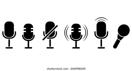 Music icon set. Microphone set on white background. Sound symbol. Podcast microphone. Vector illustration. Stock image.