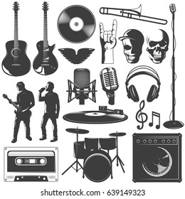 Music icon set with musical band and musical instruments for recording songs vector illustration