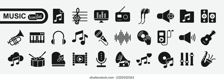 Music icon set. Musical instrument symbol. Containing musical note, vinyl record, radio, piano, speaker, sound and disc icons. Vector illustration.
