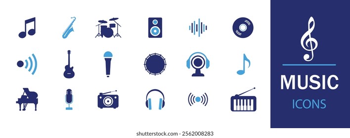 Music icon set. Musical instrument symbol. Containing musical note, vinyl record, radio, piano, speaker, sound and disc icons