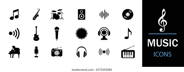 Music icon set. Musical instrument symbol. Containing musical note, vinyl record, radio, piano, speaker, sound and disc icons