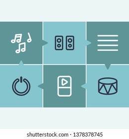 Music icon set and note lines with drummers, portable player and turn off. Percussion related music icon vector for web UI logo design.