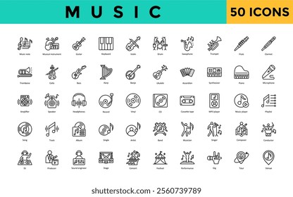 Music icon set with music note, musical instrument, guitar, keyboard, violin, drum, saxophone, trumpet, flute, clarinet icon. Simple line vector 
