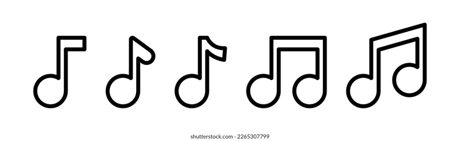 Music icon set. Outline music note symbol. Notation sign. Linear music note in black. Melody symbol set. Outline notation key icons. Stock vector illustration
