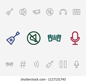 Music icon set and pause with sharp musical sign, bouzouki and headphone. Speaker related music icon vector for web UI logo design.