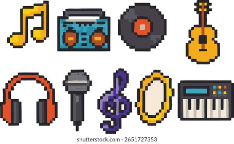 MUSIC icon set, pixel art, eps 10 illustration