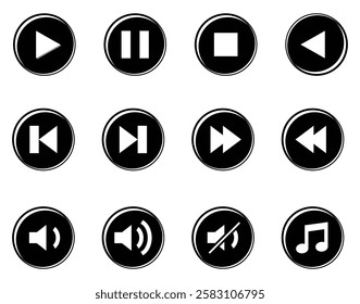 music icon set. Set of play and pause buttons icons. Play button. Video audio player. Play button icon set.映像や音楽再生の操作ボタンアイコンのセット. vector icons.