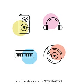 Music icon set. Simple and linear headphone, speaker, record and piano icon.