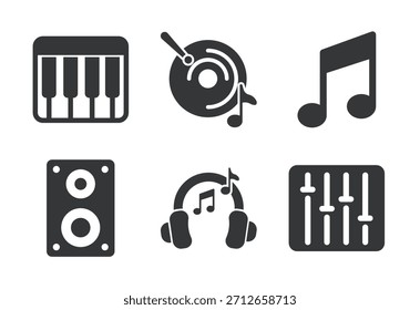 Music icon set. Solid glyph series icons