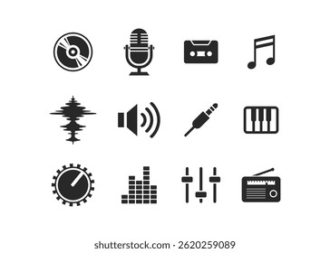 Music icon set stock illustration. Music vector icons. Music sound sign black silhouette.
