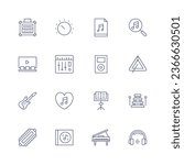 Music icon set. Thin line icon. Editable stroke. Containing amplifier, cinema, electric guitar, harmonica, knob, mixer, album, music file, music player, music stand, piano, search.