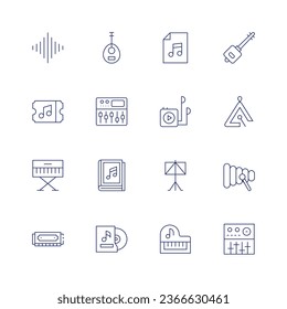 Music icon set. Thin line icon. Editable stroke. Containing audio waves, concert, electric keyboard, harmonica, laud, mixer, album, music file, player, stand, playing music.