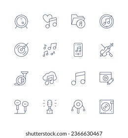 Music icon set. Thin line icon. Editable stroke. Containing bass drum, dj music, french horn, headphones, love song, award, folder, note, music player, rattle drum, turntable.
