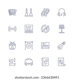 Music icon set. Thin line icon. Editable stroke. Containing accordion, bells, broadcast, drum, gong, gramophone, maracas, mastering, book, music headphones, sheet.