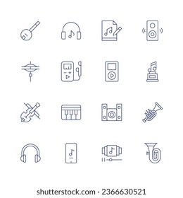 Music icon set. Thin line icon. Editable stroke. Containing banjo, cymbals, fiddle, headphones, listen, mp player, music app, music files, player, system, playlist, sound system.