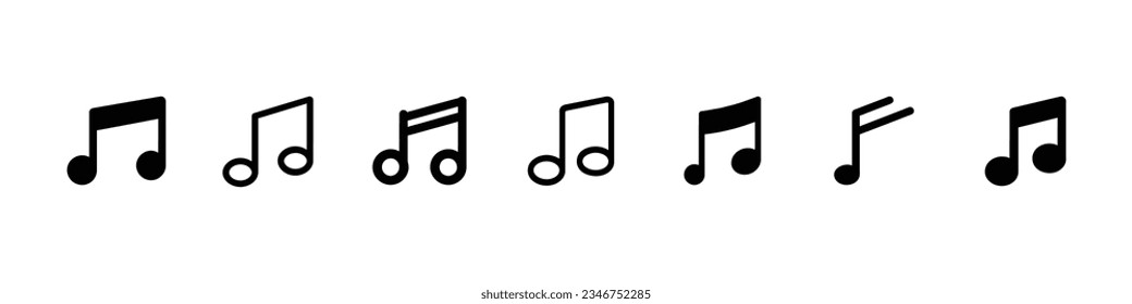 Icono musical en un estilo plano de moda aislado en el fondo negro. Notas de iconos de música, canciones, melodía o sintonización icono vectorial plano para aplicaciones y sitios web musicales, conjunto de iconos de música para elementos ui