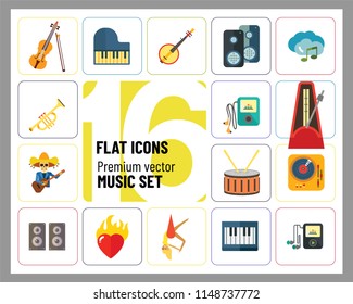 Music Icon Set. Trumpet Player With Headphones Drum Acoustic Speakers Burning Heart Mariachi Skeleton Guitar Player MP3 Player Metronome DJ Record Player Synthesizer Chorus Clouds With Note