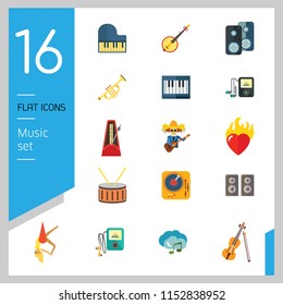 Music Icon Set. Trumpet Player With Headphones Drum Acoustic Speakers Burning Heart Mariachi Skeleton Guitar Player MP3 Player Metronome DJ Record Player Synthesizer Chorus Clouds With Note