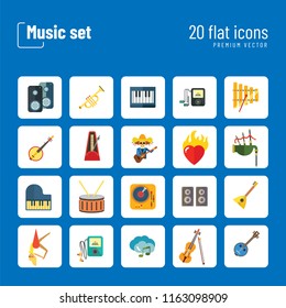 Music Icon Set. Trumpet Player With Headphones Drum Acoustic Speakers Burning Heart Mariachi Skeleton Guitar Player MP3 Player Metronome DJ Record Player Synthesizer Chorus Clouds With Note