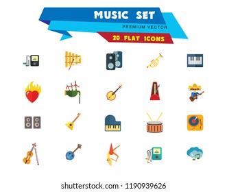 Music Icon Set. Trumpet Player With Headphones Drum Acoustic Speakers Burning Heart Mariachi Skeleton Guitar Player MP3 Player Metronome DJ Record Player Synthesizer Chorus Clouds With Note