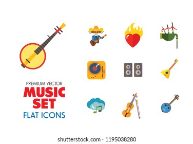 Music Icon Set. Trumpet Player With Headphones Drum Acoustic Speakers Burning Heart Mariachi Skeleton Guitar Player MP3 Player Metronome DJ Record Player Synthesizer Chorus Clouds With Note