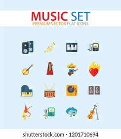 Music Icon Set. Trumpet Player With Headphones Drum Acoustic Speakers Burning Heart Mariachi Skeleton Guitar Player MP3 Player Metronome DJ Record Player Synthesizer Chorus Clouds With Note