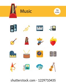 Music Icon Set. Trumpet Player With Headphones Drum Acoustic Speakers Burning Heart Mariachi Skeleton Guitar Player MP3 Player Metronome DJ Record Player Synthesizer Chorus Clouds With Note